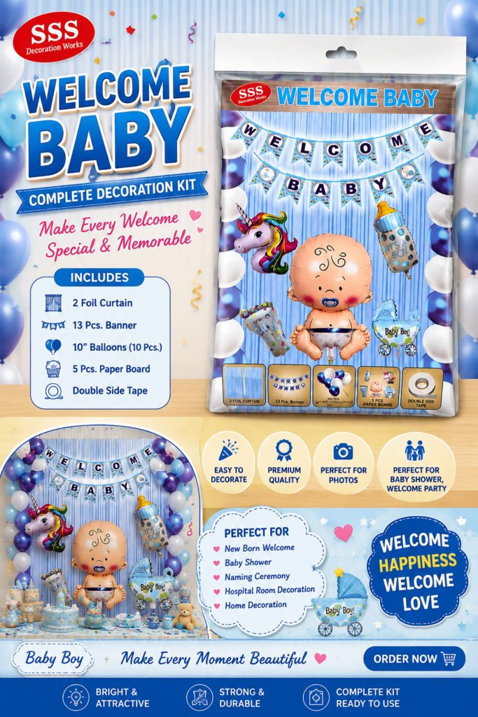 Welcome Baby Boy Decoration Kit | Birthday & Baby Shower Party Decoration Set | Blue Theme | 30+ Pieces
