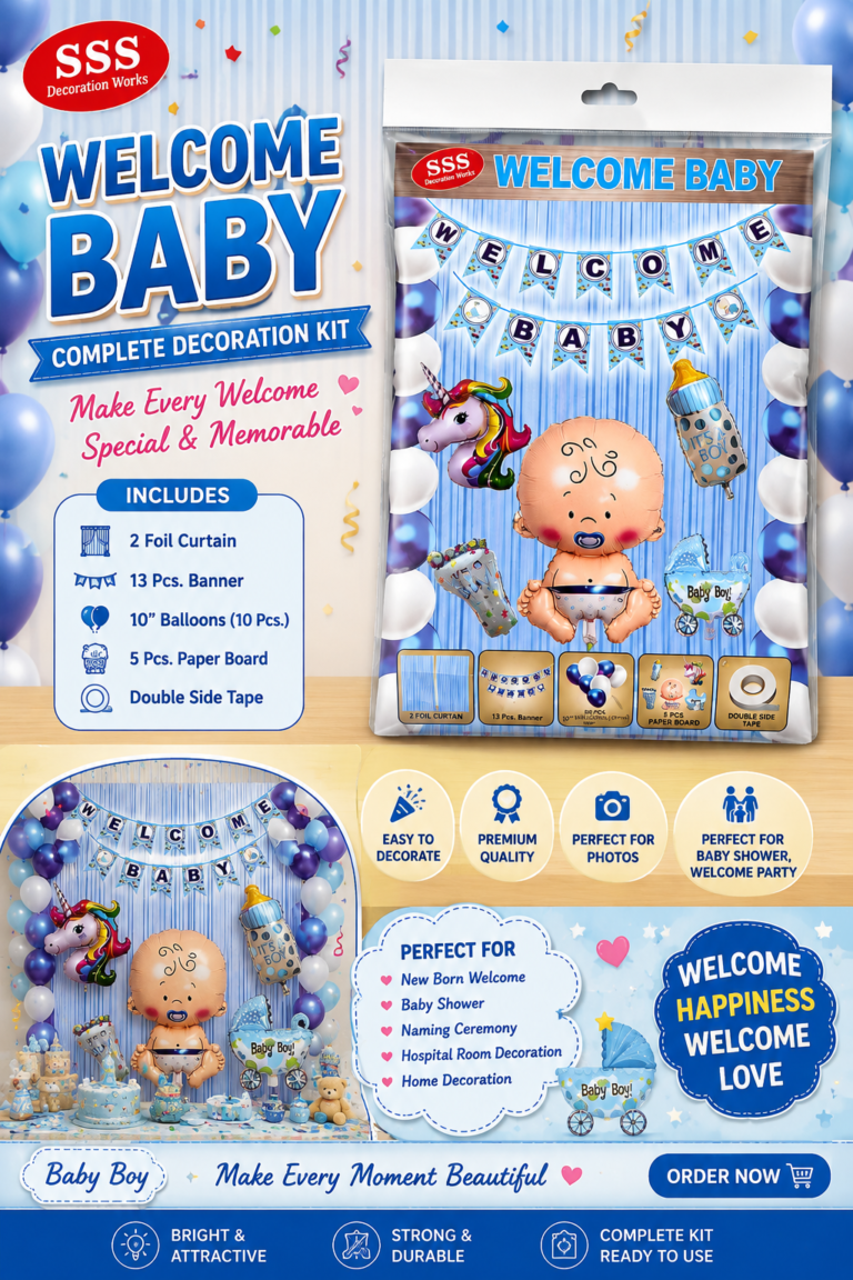 Welcome Baby Boy Decoration Kit | Birthday & Baby Shower Party Decoration Set | Blue Theme | 30+ Pieces