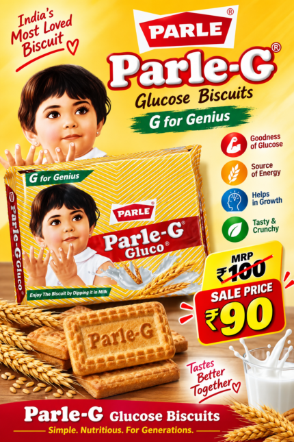 Parle-G Gluco biscuit packet with the iconic child illustration and yellow striped packaging.