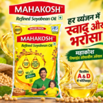 Mahakosh Refined Soyabean Oil 750g pouch, showing yellow packaging, vitamin A & D fortification, and product branding on the front and back.