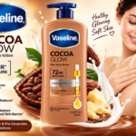 Vaseline Cocoa Glow non-sticky body lotion for dry skin, 725 ml bottle with cocoa butter and Pro-Ceramides serum.