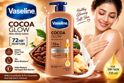 Vaseline Cocoa Glow non-sticky body lotion for dry skin, 725 ml bottle with cocoa butter and Pro-Ceramides serum.